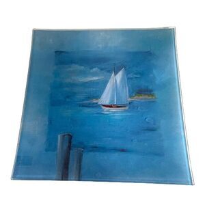 Paul Brent Thick Curved Glass Serving Platter 14” Reverse Painted Sailboat Scene
